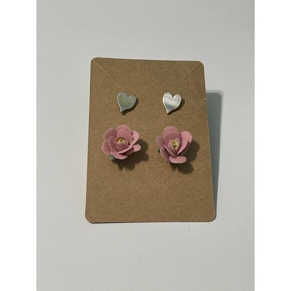 Vintage 90s Stud Earrings‎ Set Flower Heart Pink - Picture 7 of 8